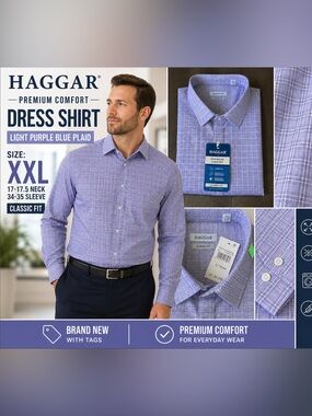 NWT Haggar Classic Fit Lilac Plaid Dress Shirt 22 34-35B